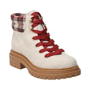 New! Faux Suede Lug Sole Platform Chunky Heel Plaid Trim Red Laces Hiking Boots
